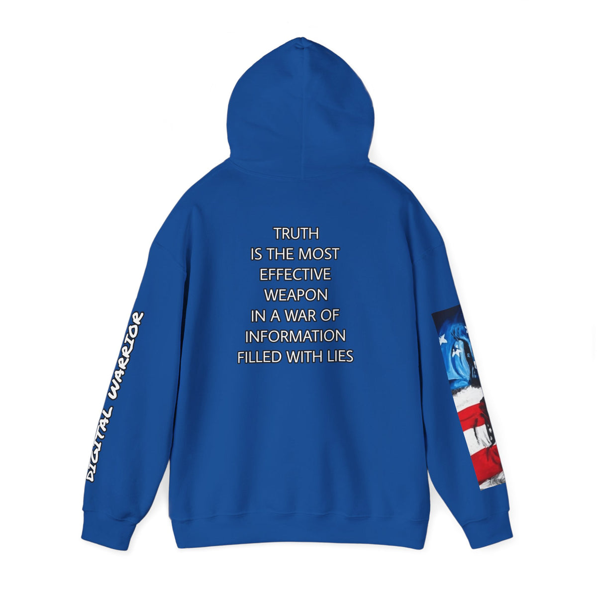 The SCIF Skull logo Graphic Hoodie, Right Sleeve "President Eyes" Graphic, Left Sleeve "Digital Warrior" Quote Graphic.