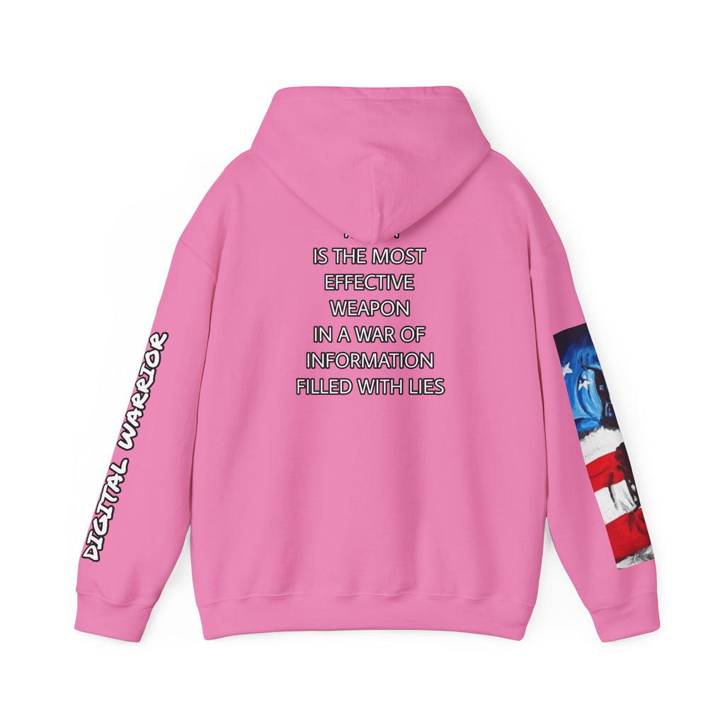 The SCIF Skull logo Graphic Hoodie, Right Sleeve "President Eyes" Graphic, Left Sleeve "Digital Warrior" Quote Graphic.