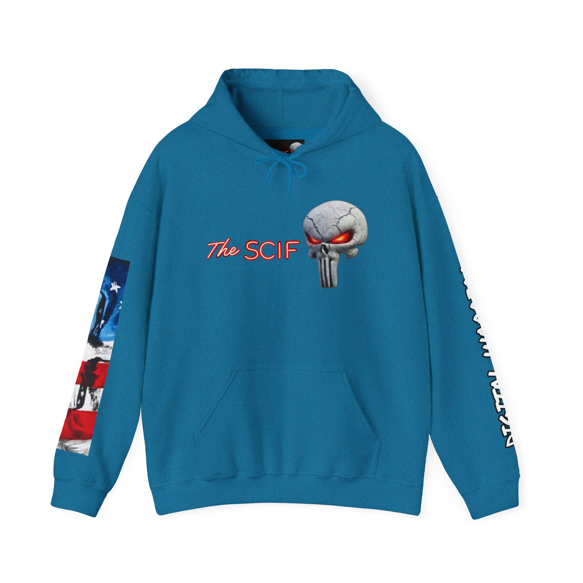 The SCIF Skull logo Graphic Hoodie, Right Sleeve "President Eyes" Graphic, Left Sleeve "Digital Warrior" Quote Graphic.