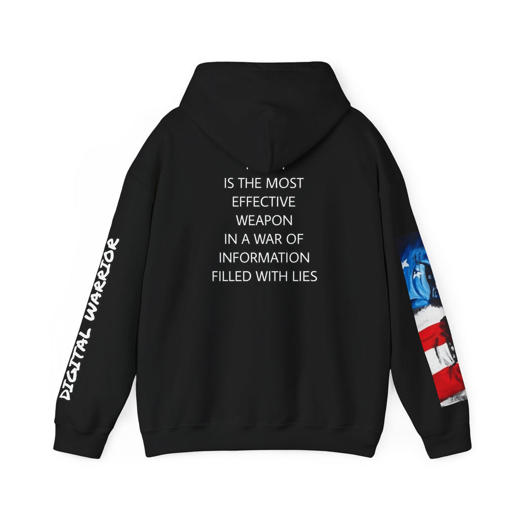 The SCIF Skull logo Graphic Hoodie, Right Sleeve "President Eyes" Graphic, Left Sleeve "Digital Warrior" Quote Graphic.