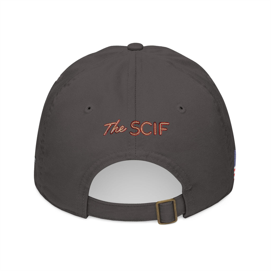 Embroidered The SCIF Skull Baseball Cap — American Flag right side, Digital Warrior text left side, The SCIF rear