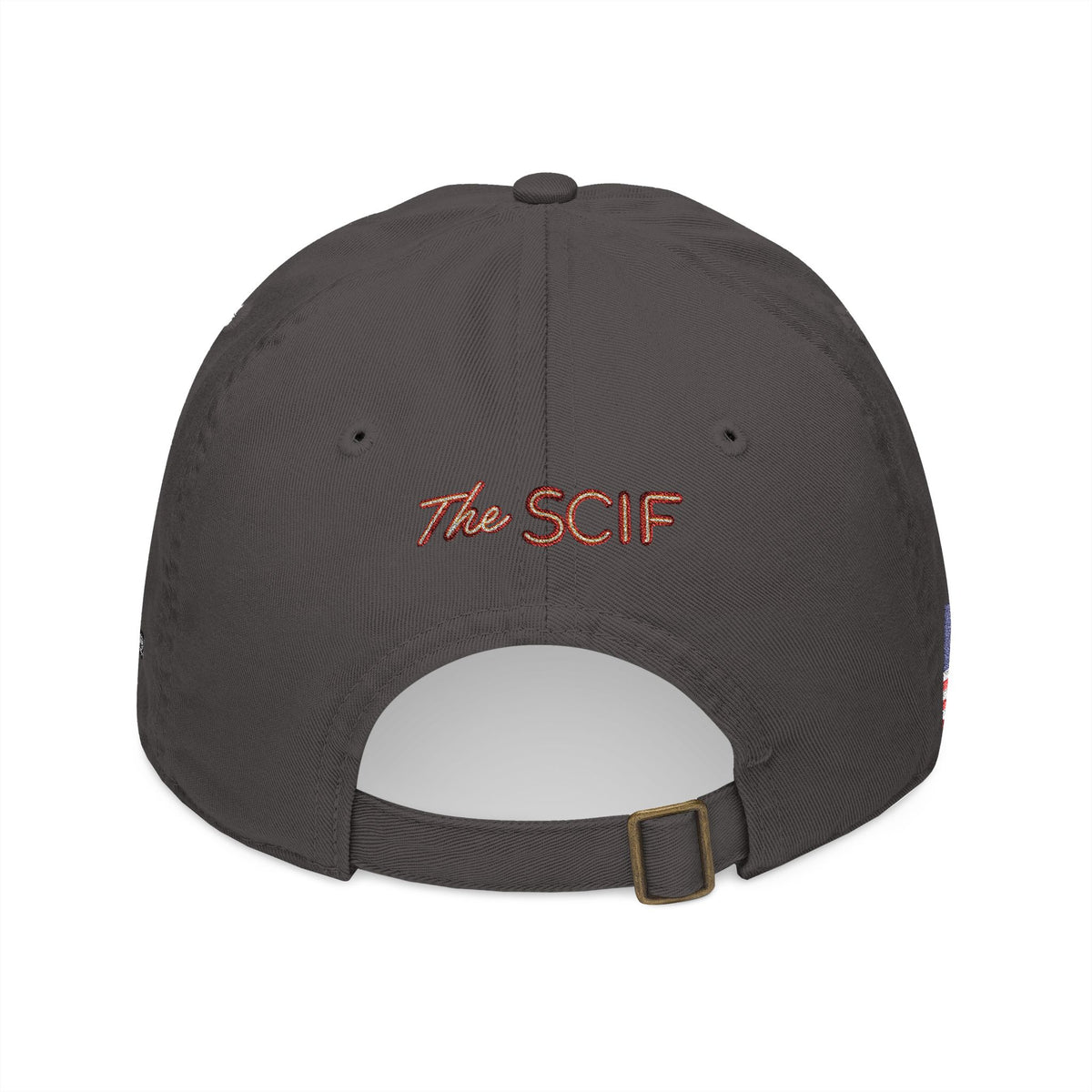 Embroidered The SCIF Skull Baseball Cap — American Flag right side, Digital Warrior text left side, The SCIF rear