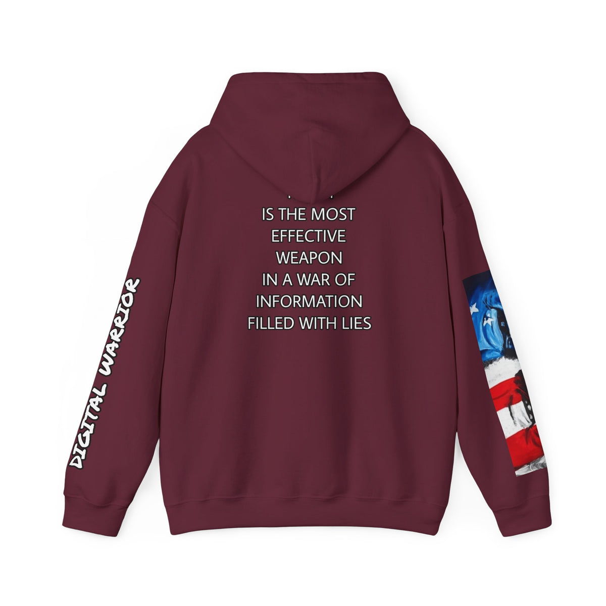The SCIF Skull logo Graphic Hoodie, Right Sleeve "President Eyes" Graphic, Left Sleeve "Digital Warrior" Quote Graphic.