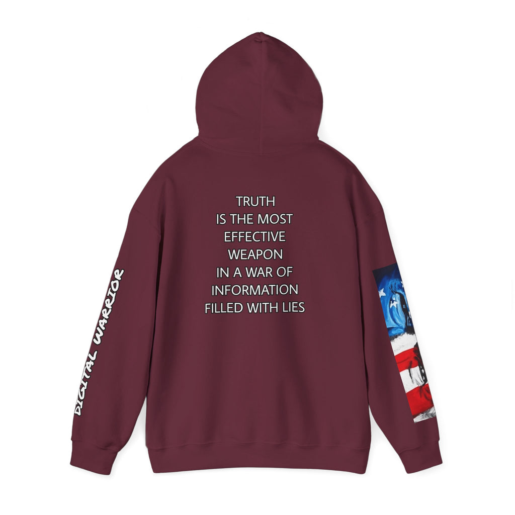 The SCIF Skull logo Graphic Hoodie, Right Sleeve "President Eyes" Graphic, Left Sleeve "Digital Warrior" Quote Graphic.