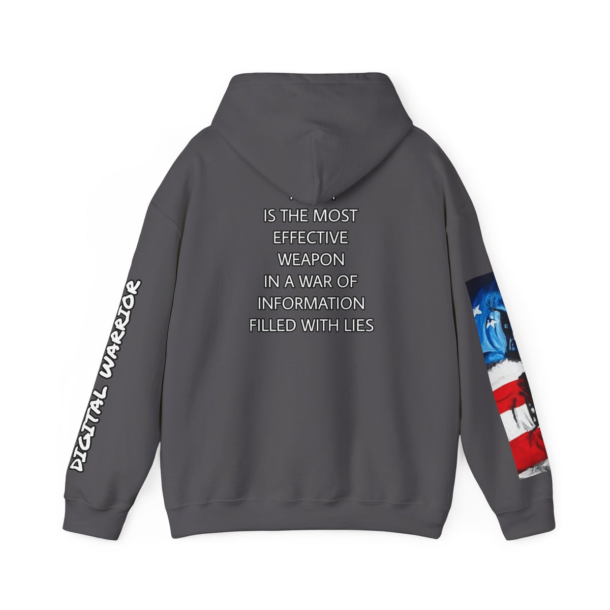 The SCIF Skull logo Graphic Hoodie, Right Sleeve "President Eyes" Graphic, Left Sleeve "Digital Warrior" Quote Graphic.