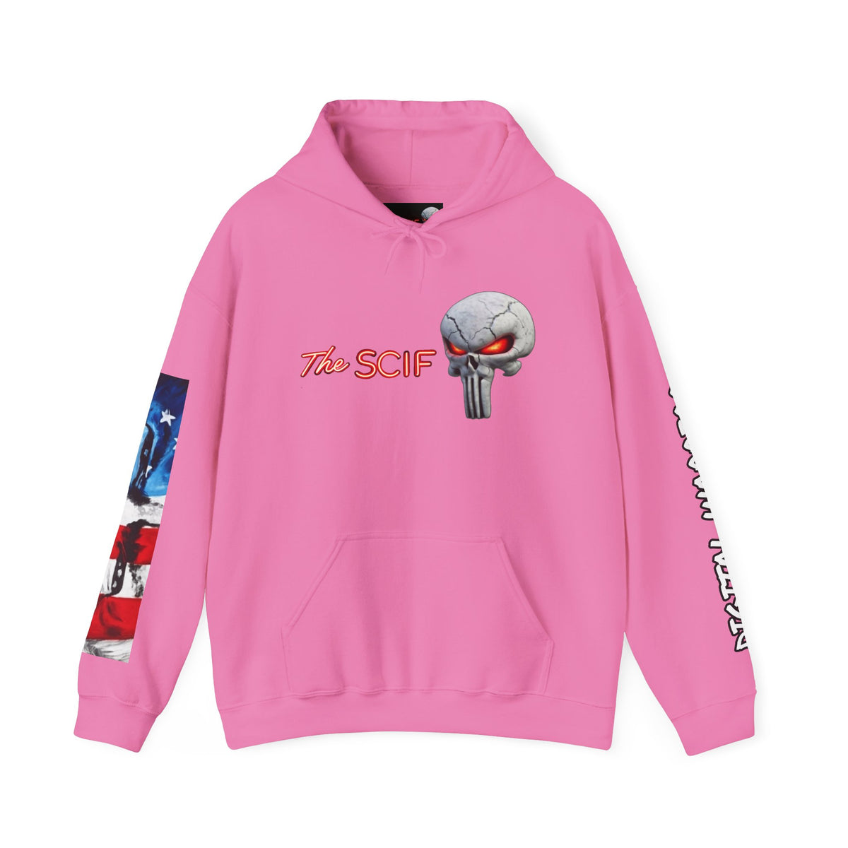 The SCIF Skull logo Graphic Hoodie, Right Sleeve "President Eyes" Graphic, Left Sleeve "Digital Warrior" Quote Graphic.