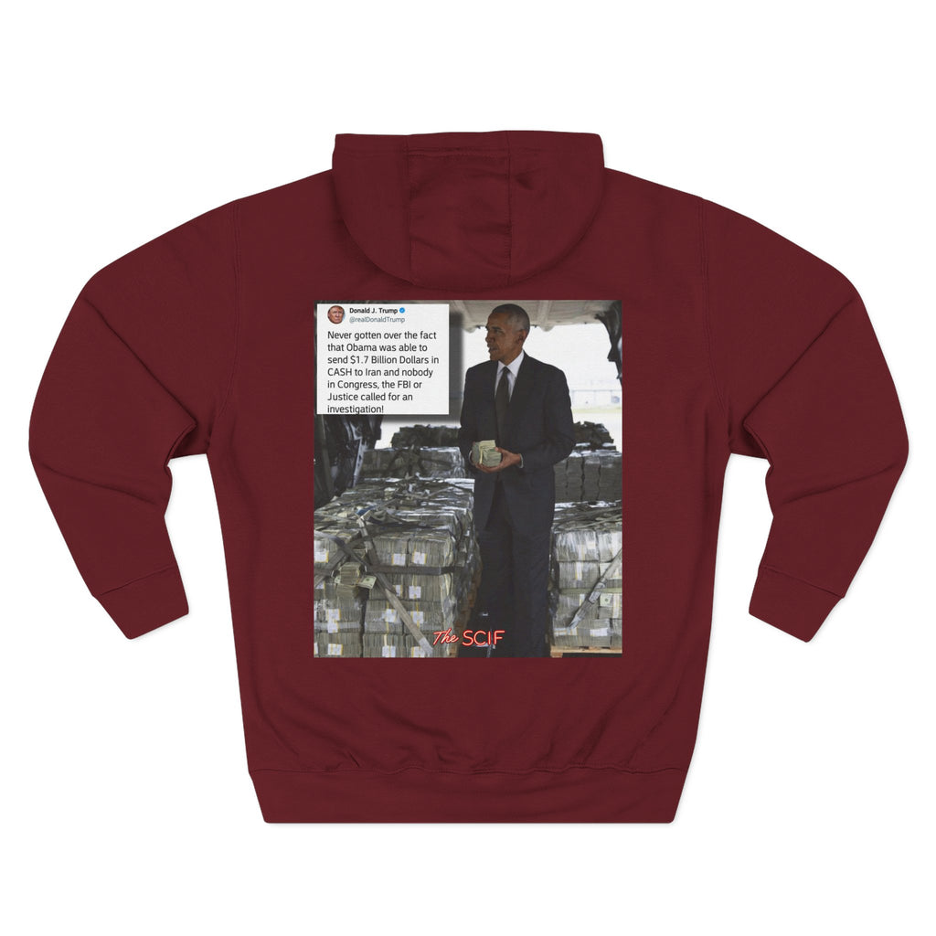 The SCIF "Presidential Traitor Meme" Fleece Hoodie, Back "Money On Pallets Meme."