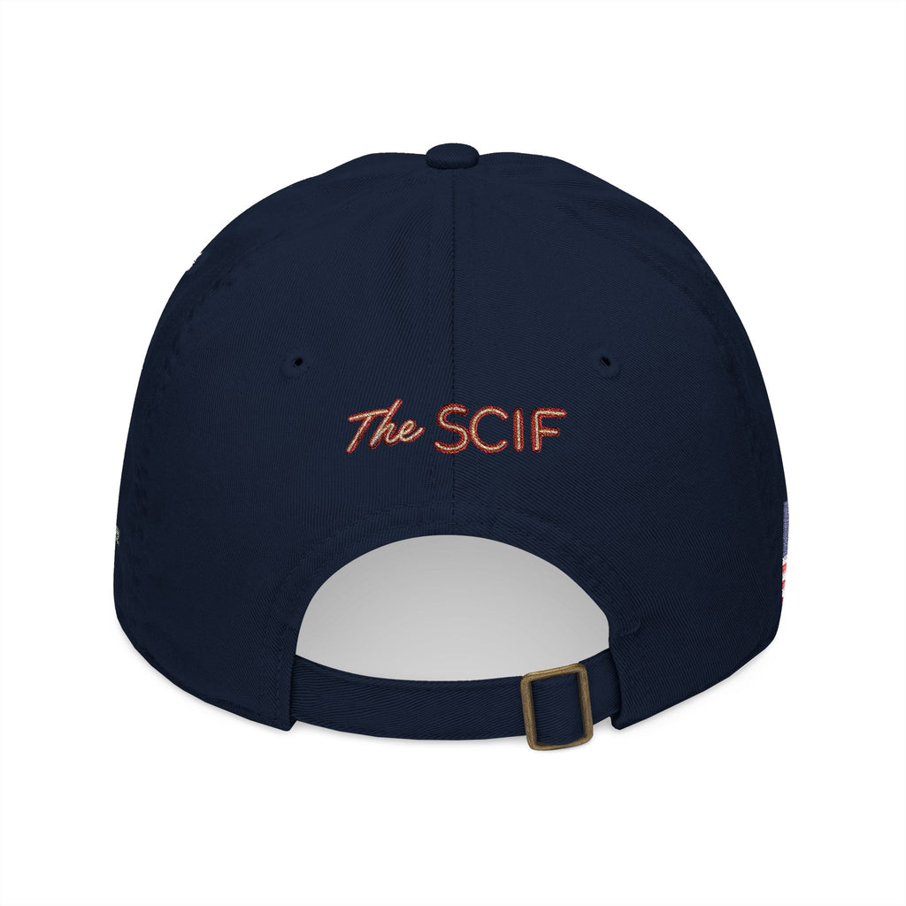 Embroidered The SCIF Skull Baseball Cap — American Flag right side, Digital Warrior text left side, The SCIF rear