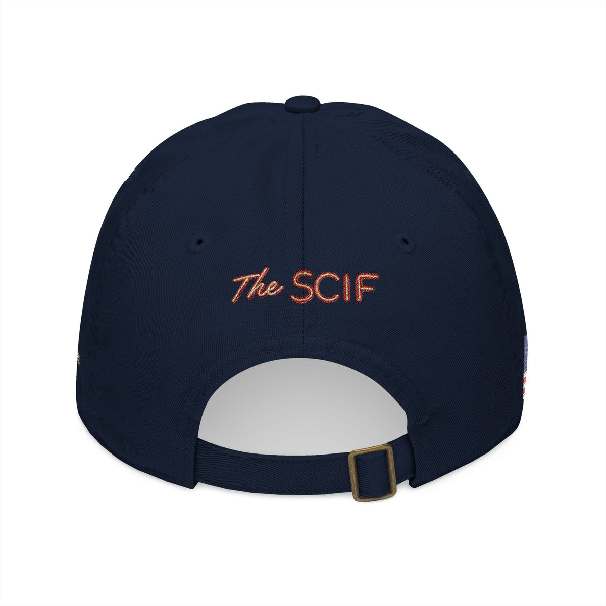 Embroidered The SCIF Skull Baseball Cap — American Flag right side, Digital Warrior text left side, The SCIF rear