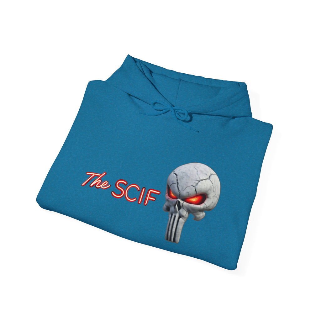 The SCIF Skull logo Graphic Hoodie, Right Sleeve "President Eyes" Graphic, Left Sleeve "Digital Warrior" Quote Graphic.