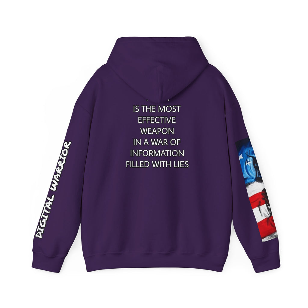 The SCIF Skull logo Graphic Hoodie, Right Sleeve "President Eyes" Graphic, Left Sleeve "Digital Warrior" Quote Graphic.
