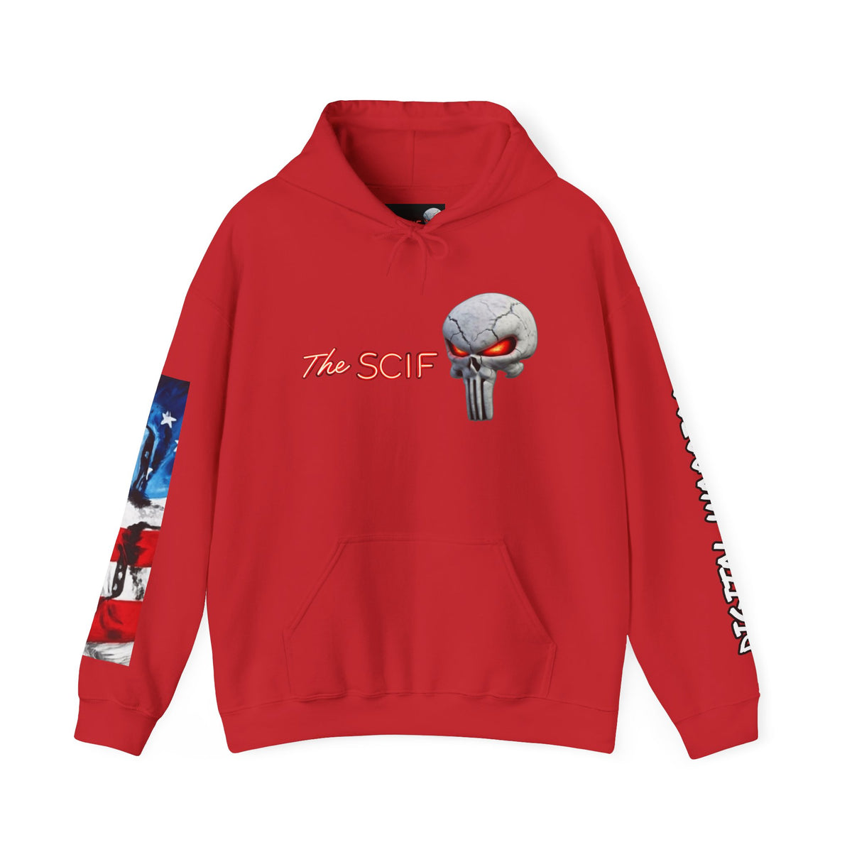 The SCIF Skull logo Graphic Hoodie, Right Sleeve "President Eyes" Graphic, Left Sleeve "Digital Warrior" Quote Graphic.