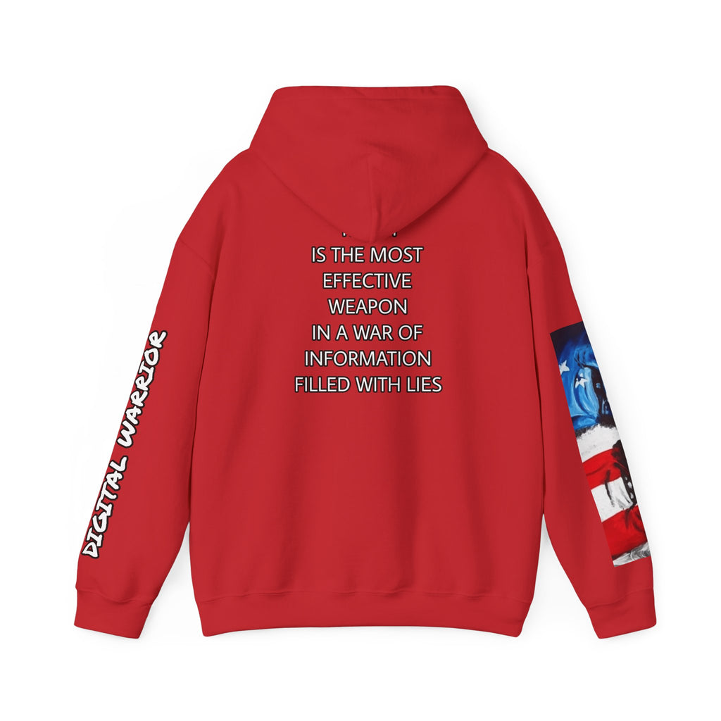 The SCIF Skull logo Graphic Hoodie, Right Sleeve "President Eyes" Graphic, Left Sleeve "Digital Warrior" Quote Graphic.