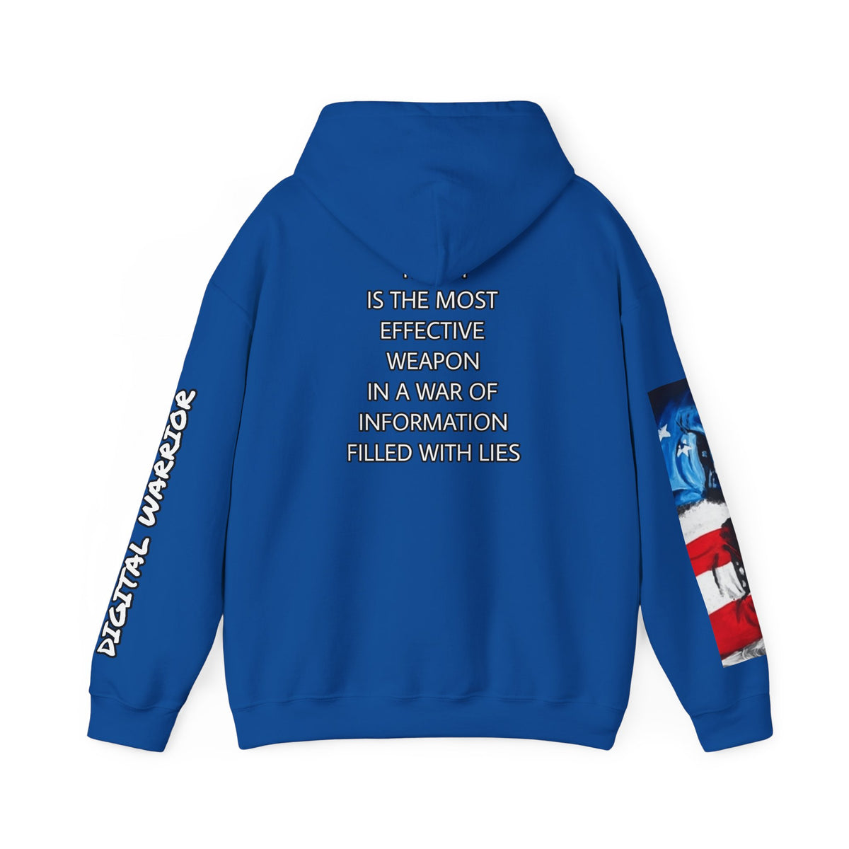 The SCIF Skull logo Graphic Hoodie, Right Sleeve "President Eyes" Graphic, Left Sleeve "Digital Warrior" Quote Graphic.