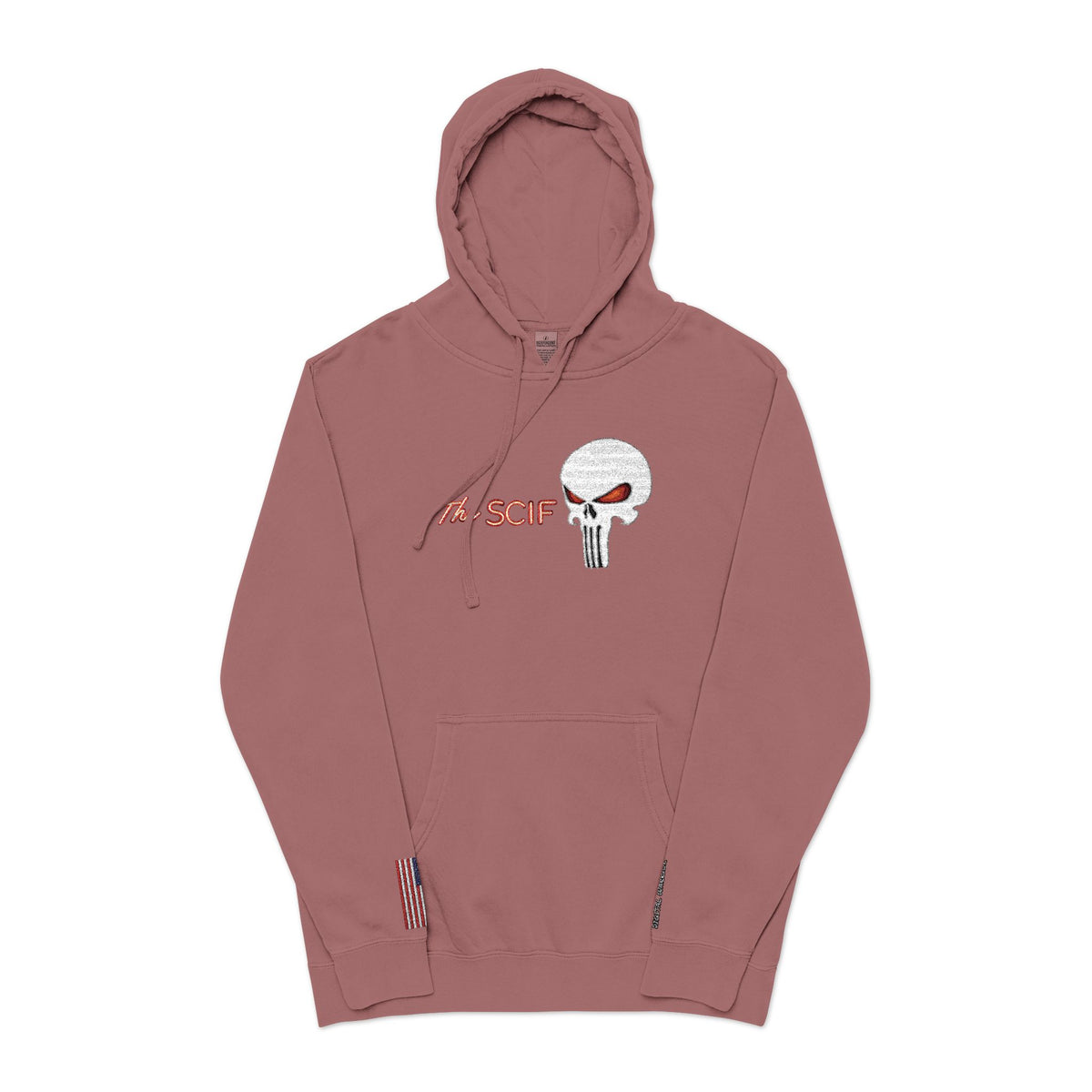 The SCIF "Solid White" Skull logo Embroidered Graphic Hoodie, Left Wrist "Digital Warrior" Embroidery, Right Wrist American Flag Graphic Embroidery.