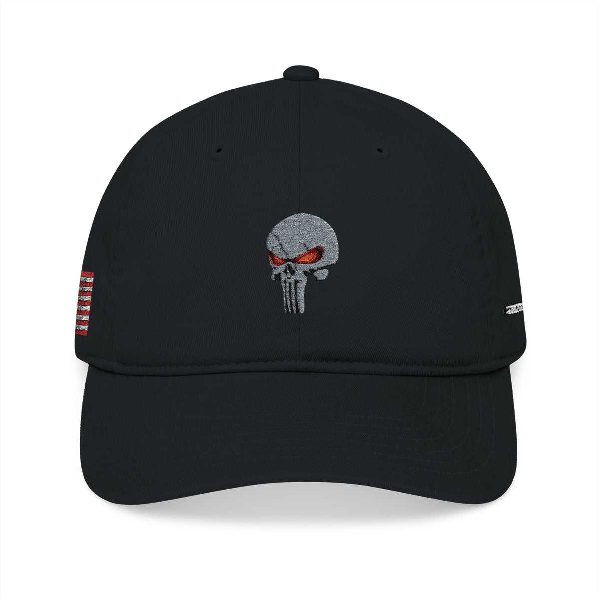 Embroidered The SCIF Skull Baseball Cap — American Flag right side, Digital Warrior text left side, The SCIF rear