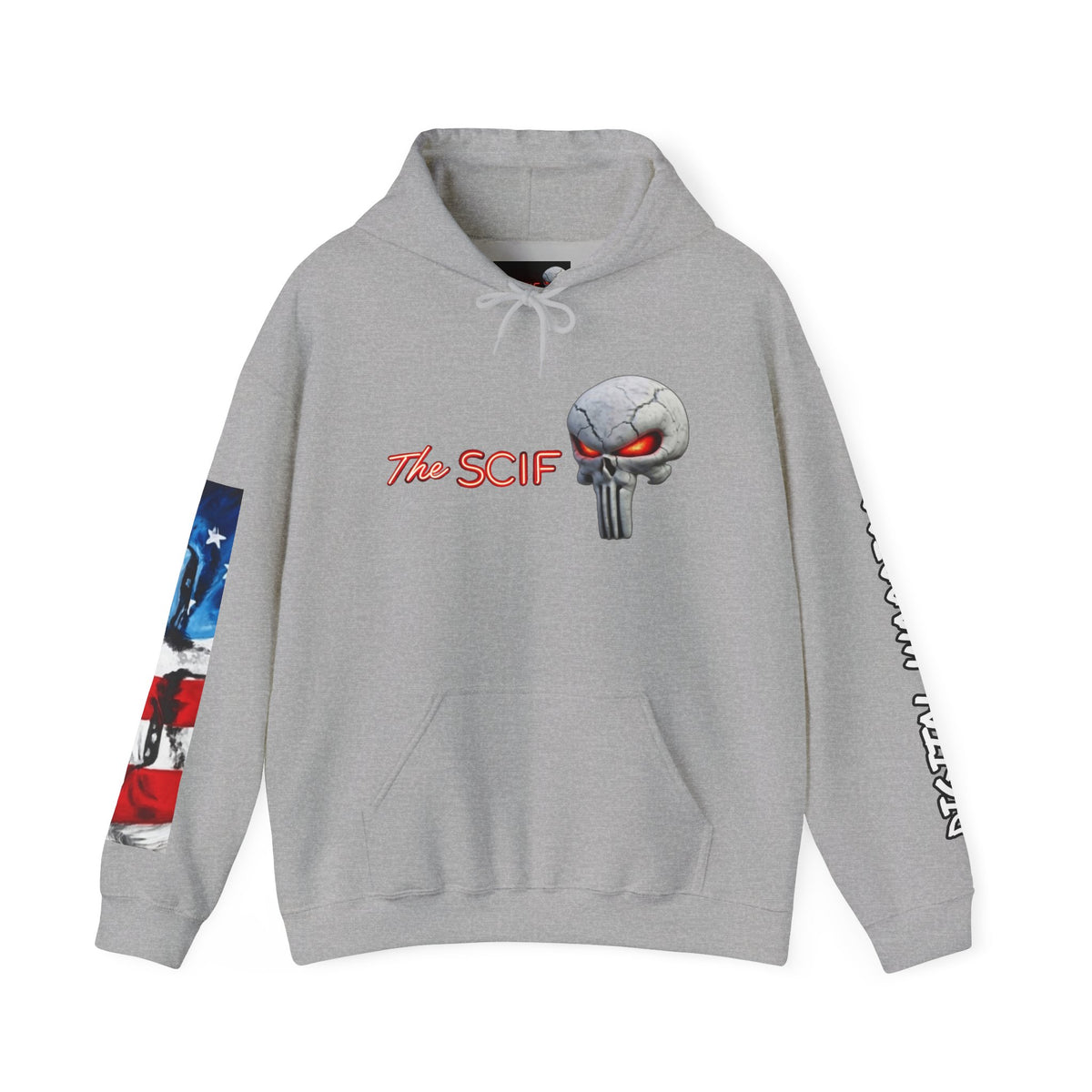 The SCIF Skull logo Graphic Hoodie, Right Sleeve "President Eyes" Graphic, Left Sleeve "Digital Warrior" Quote Graphic.