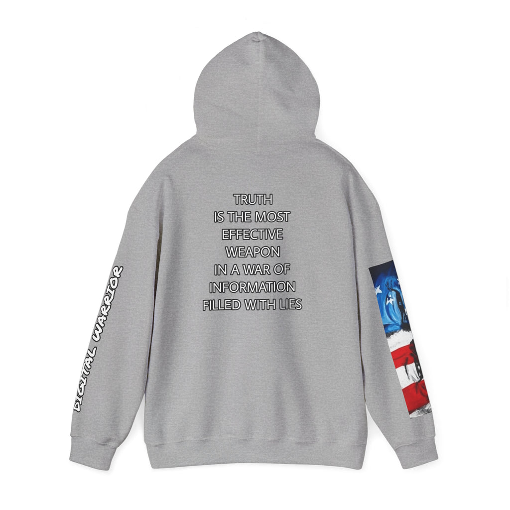 The SCIF Skull logo Graphic Hoodie, Right Sleeve "President Eyes" Graphic, Left Sleeve "Digital Warrior" Quote Graphic.