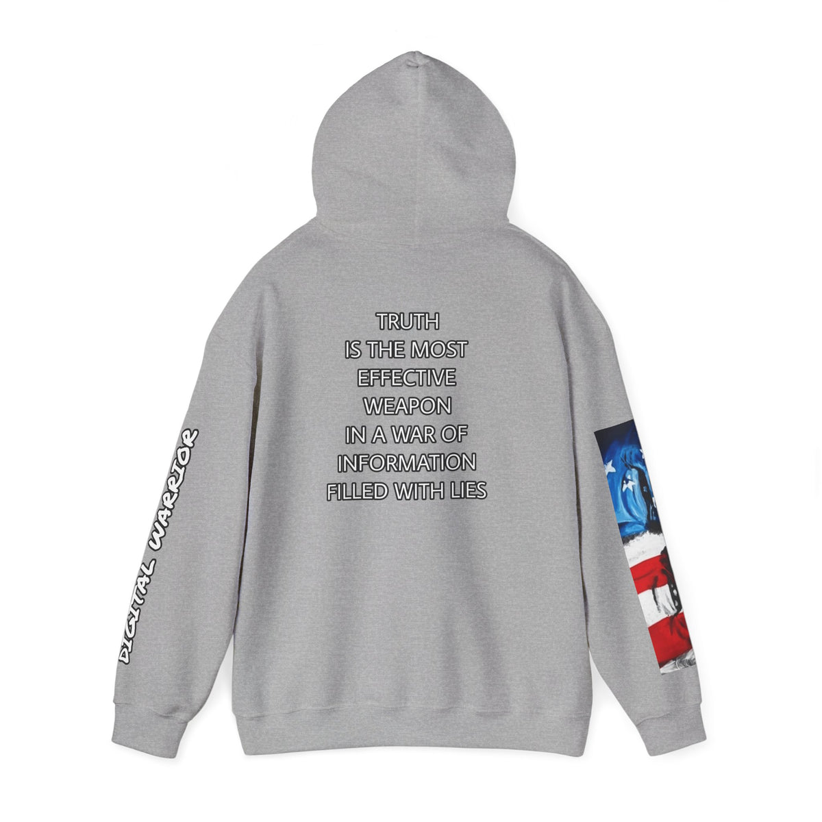 The SCIF Skull logo Graphic Hoodie, Right Sleeve "President Eyes" Graphic, Left Sleeve "Digital Warrior" Quote Graphic.