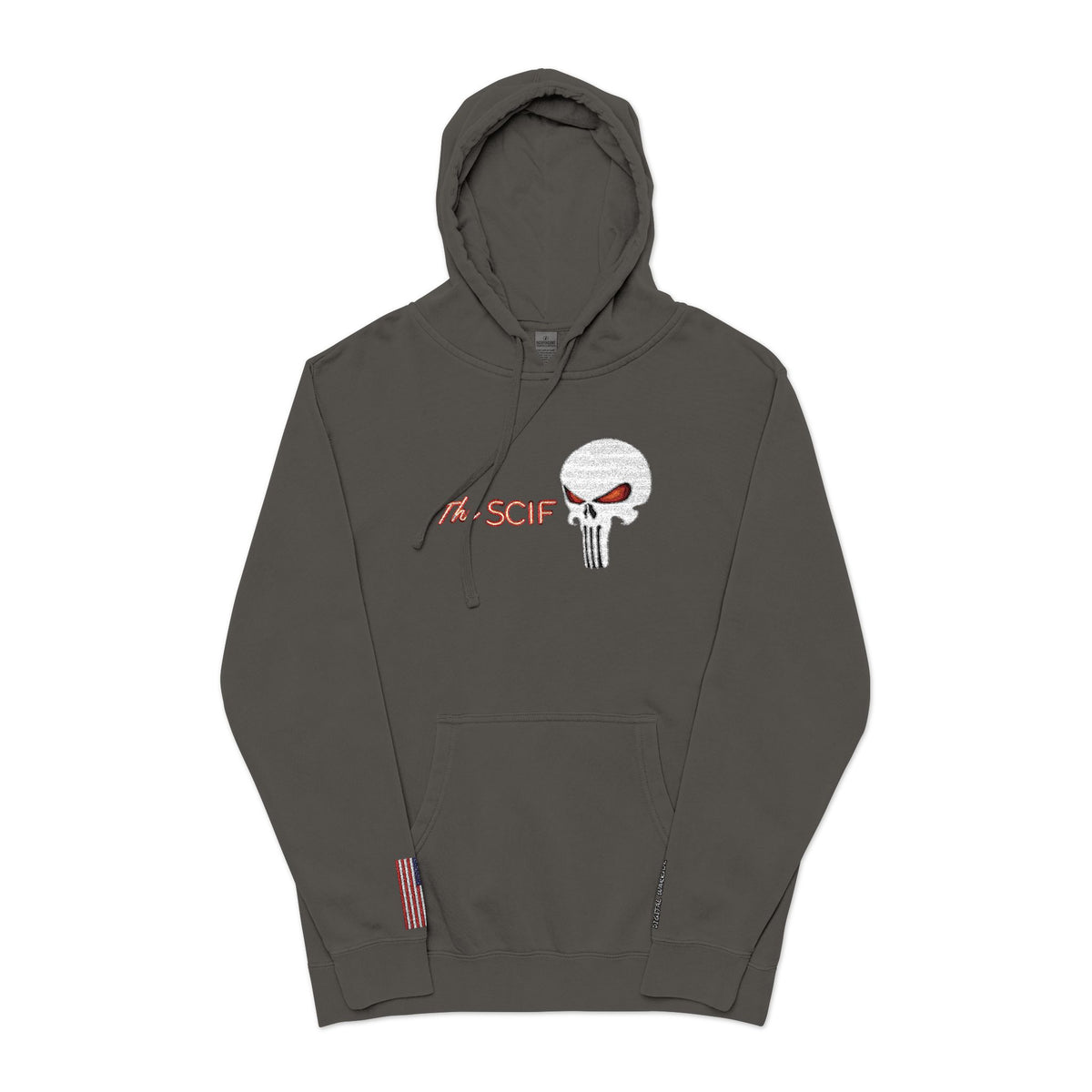 The SCIF "Solid White" Skull logo Embroidered Graphic Hoodie, Left Wrist "Digital Warrior" Embroidery, Right Wrist American Flag Graphic Embroidery.