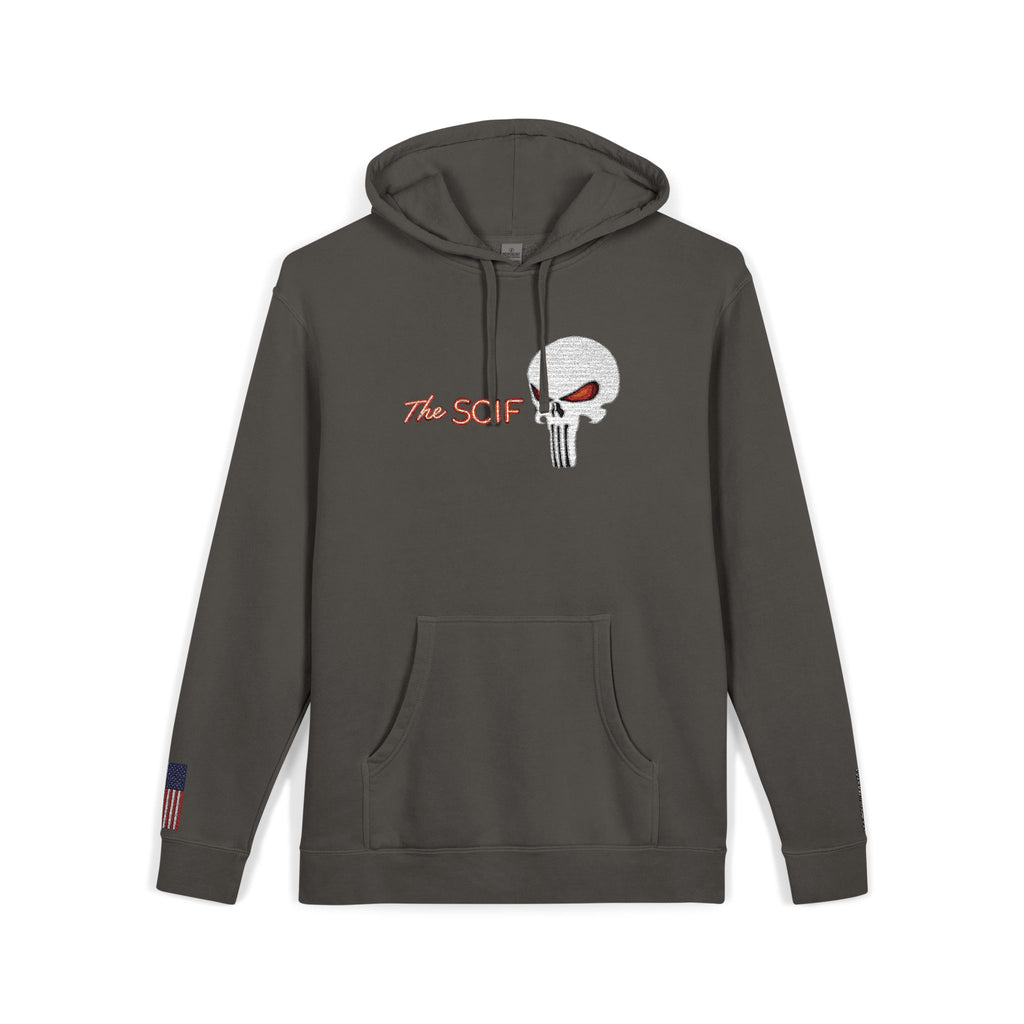 The SCIF "Solid White" Skull logo Embroidered Graphic Hoodie, Left Wrist "Digital Warrior" Embroidery, Right Wrist American Flag Graphic Embroidery.