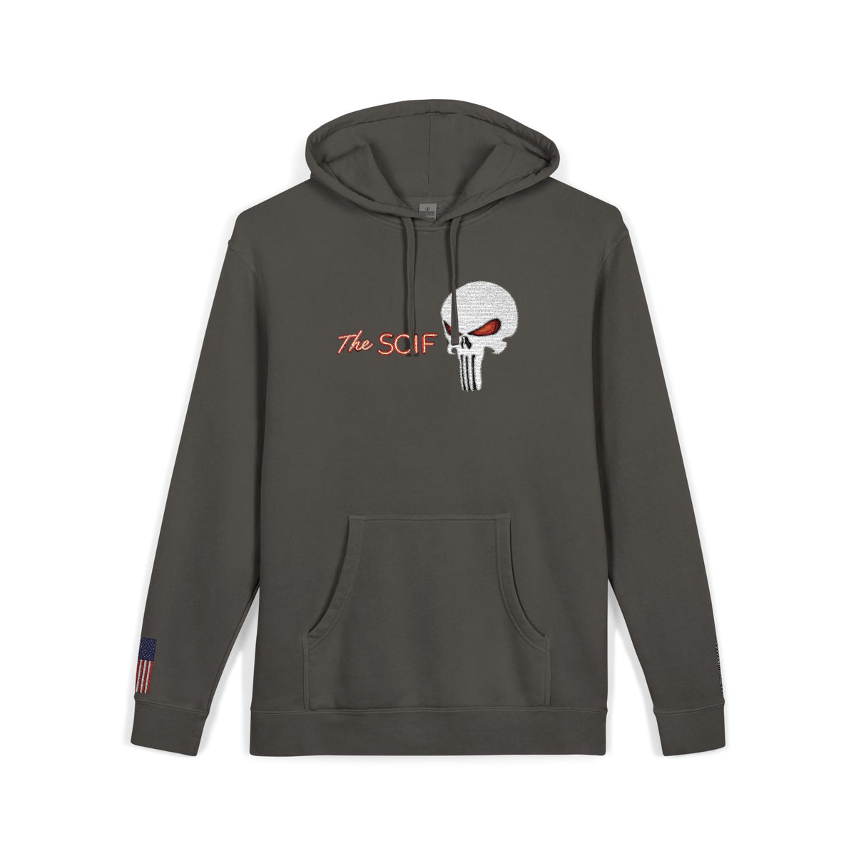 The SCIF "Solid White" Skull logo Embroidered Graphic Hoodie, Left Wrist "Digital Warrior" Embroidery, Right Wrist American Flag Graphic Embroidery.