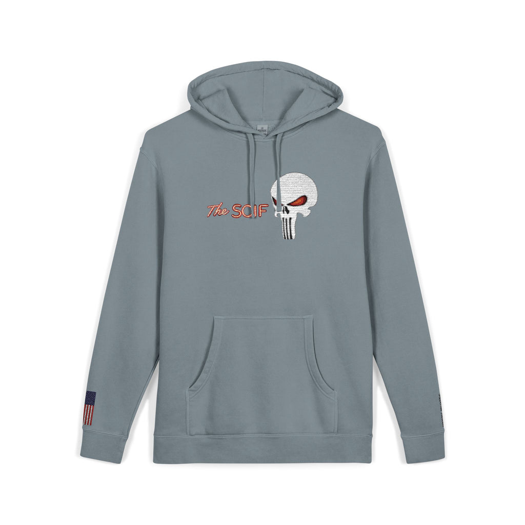 The SCIF "Solid White" Skull logo Embroidered Graphic Hoodie, Left Wrist "Digital Warrior" Embroidery, Right Wrist American Flag Graphic Embroidery.