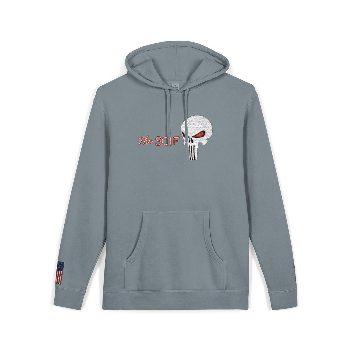 The SCIF "Solid White" Skull logo Embroidered Graphic Hoodie, Left Wrist "Digital Warrior" Embroidery, Right Wrist American Flag Graphic Embroidery.