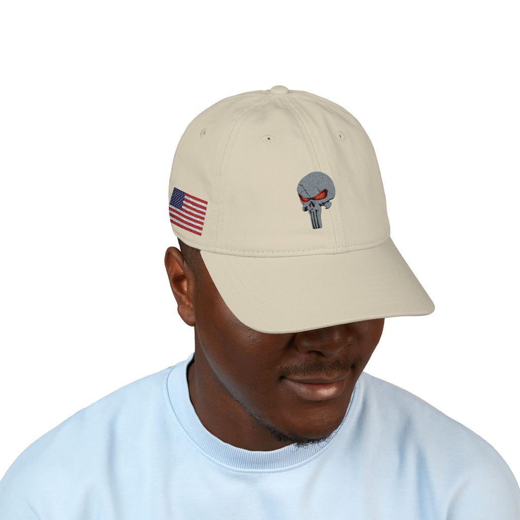 Embroidered The SCIF Skull Baseball Cap — American Flag right side, Digital Warrior text left side, The SCIF rear