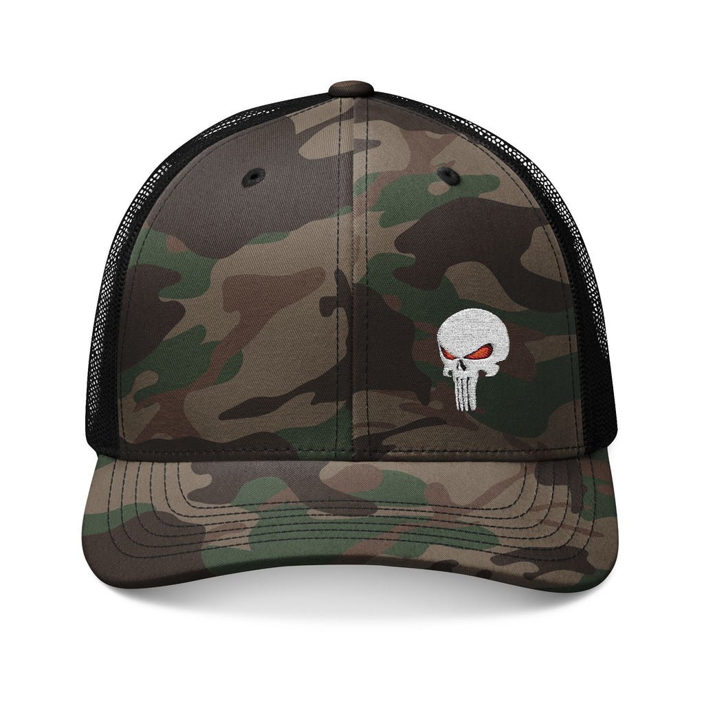 Camouflage Trucker Hat with The SCIF Skull "Solid White" Embroidery