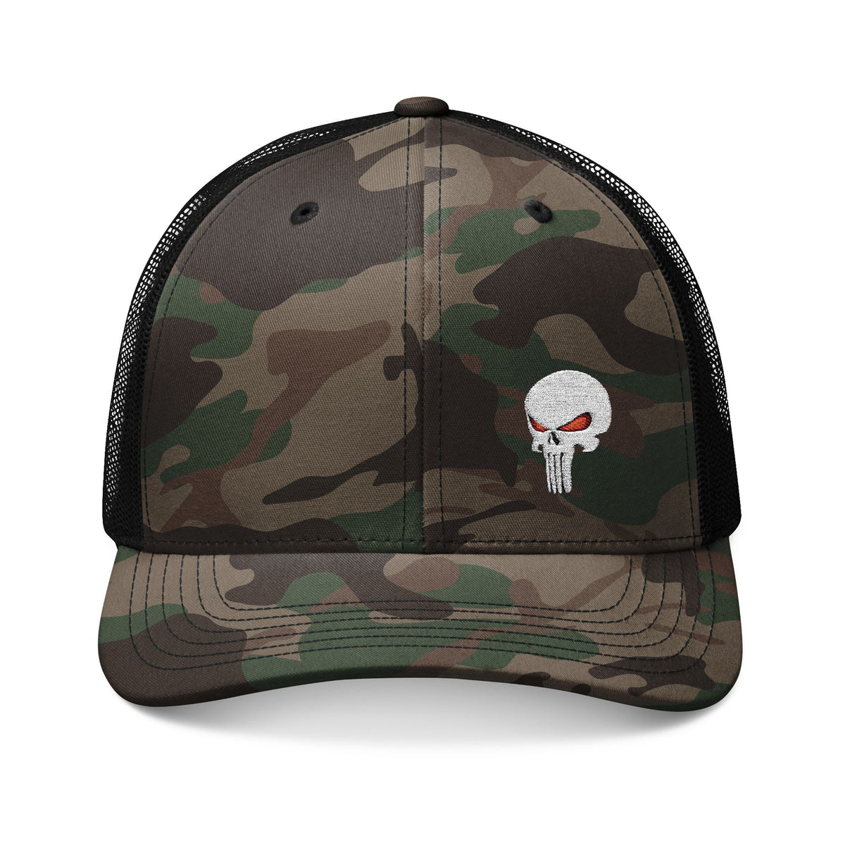 Camouflage Trucker Hat with The SCIF Skull "Solid White" Embroidery