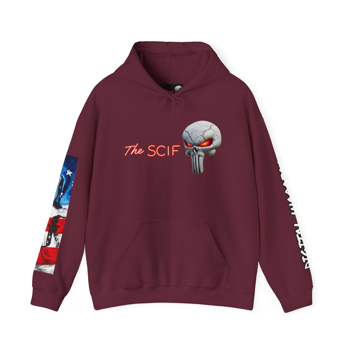 The SCIF Skull logo Graphic Hoodie, Right Sleeve "President Eyes" Graphic, Left Sleeve "Digital Warrior" Quote Graphic.