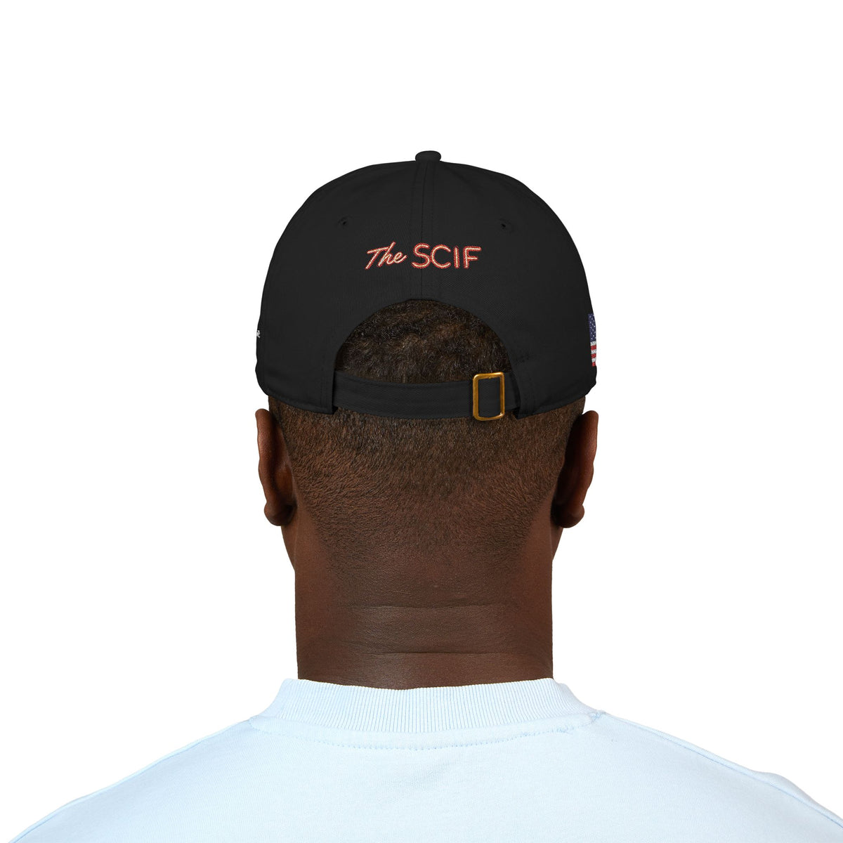 Embroidered The SCIF Skull Baseball Cap — American Flag right side, Digital Warrior text left side, The SCIF rear