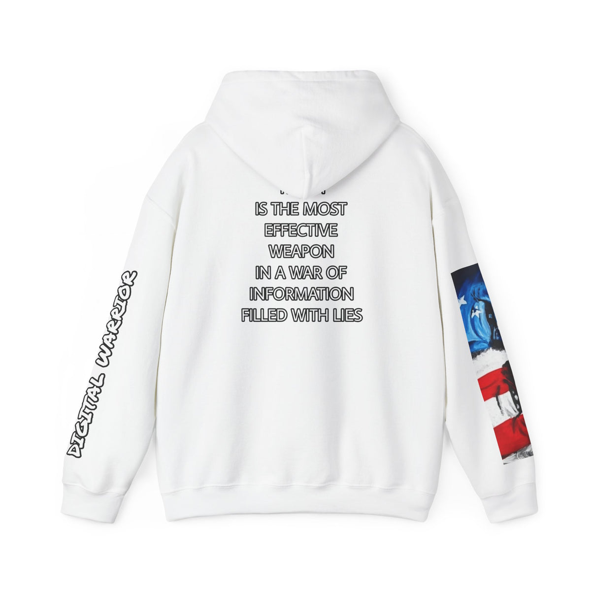 The SCIF Skull logo Graphic Hoodie, Right Sleeve "President Eyes" Graphic, Left Sleeve "Digital Warrior" Quote Graphic.