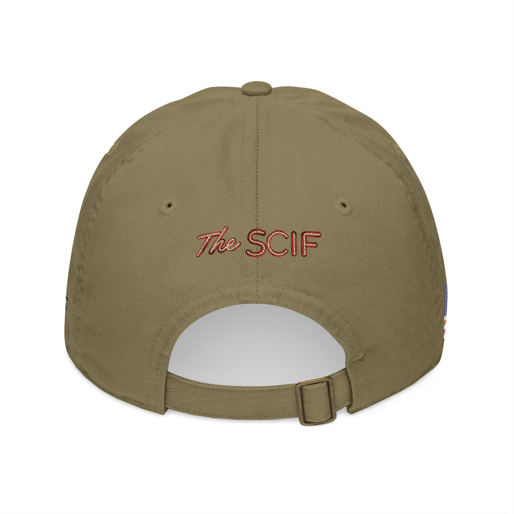 Embroidered The SCIF Skull Baseball Cap — American Flag right side, Digital Warrior text left side, The SCIF rear