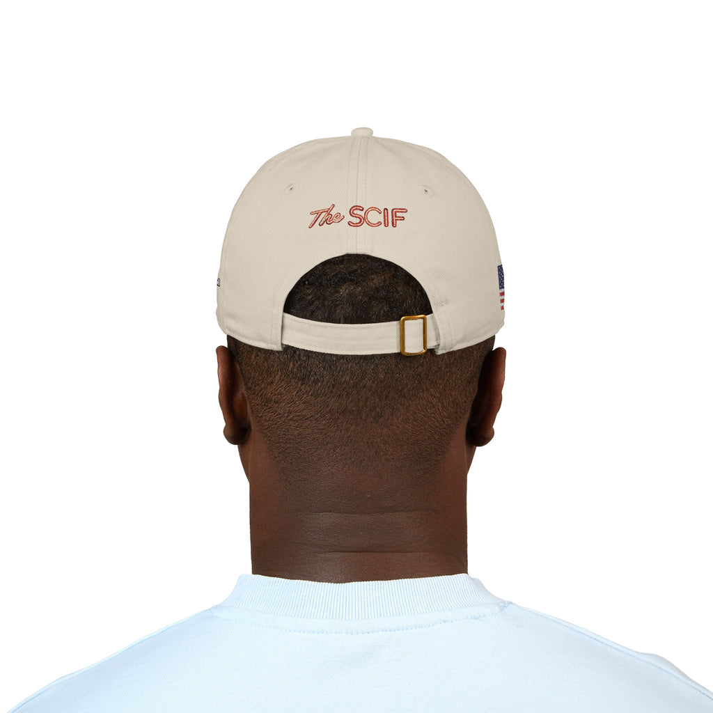 Embroidered The SCIF Skull Baseball Cap — American Flag right side, Digital Warrior text left side, The SCIF rear