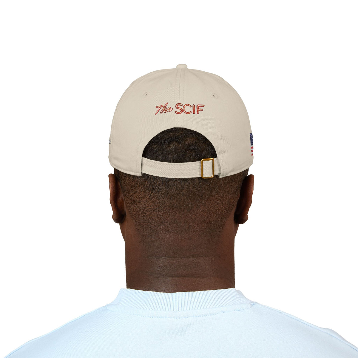 Embroidered The SCIF Skull Baseball Cap — American Flag right side, Digital Warrior text left side, The SCIF rear