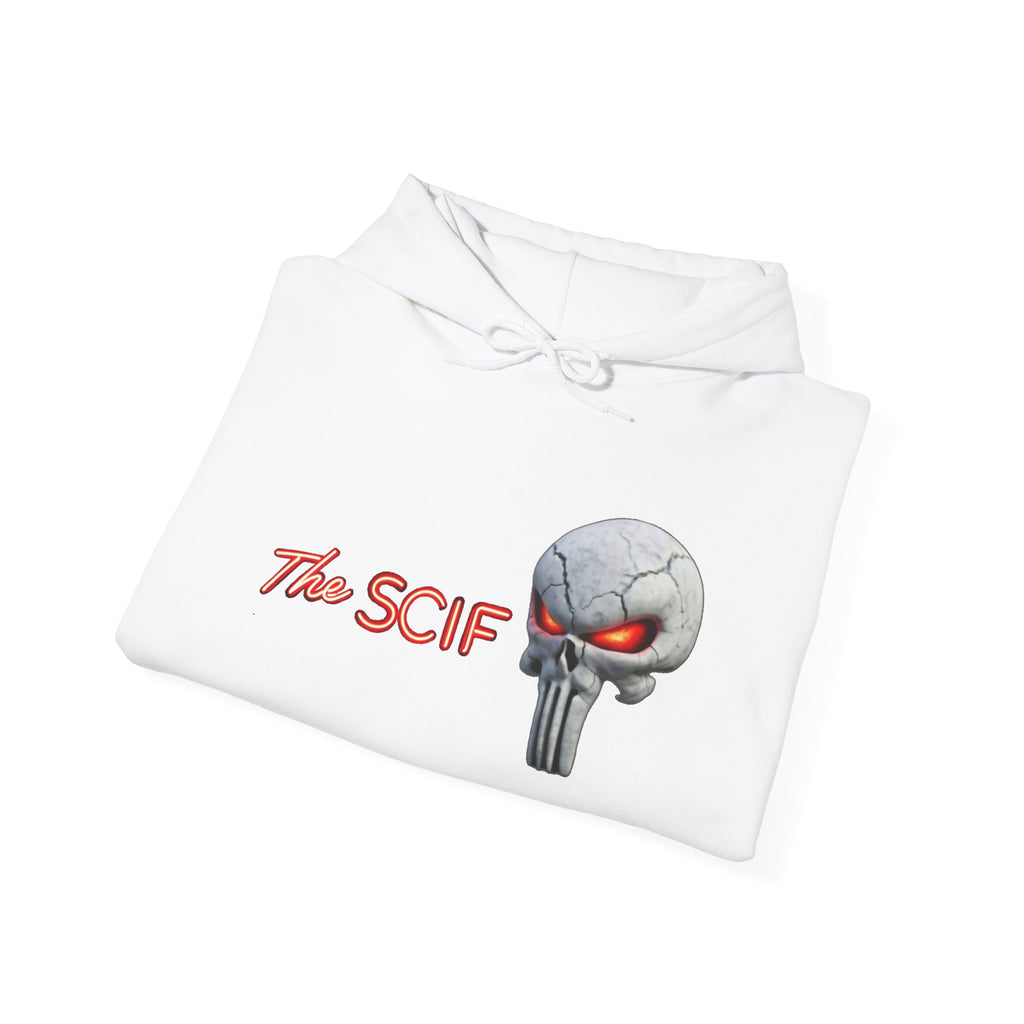 The SCIF Skull logo Graphic Hoodie, Right Sleeve "President Eyes" Graphic, Left Sleeve "Digital Warrior" Quote Graphic.
