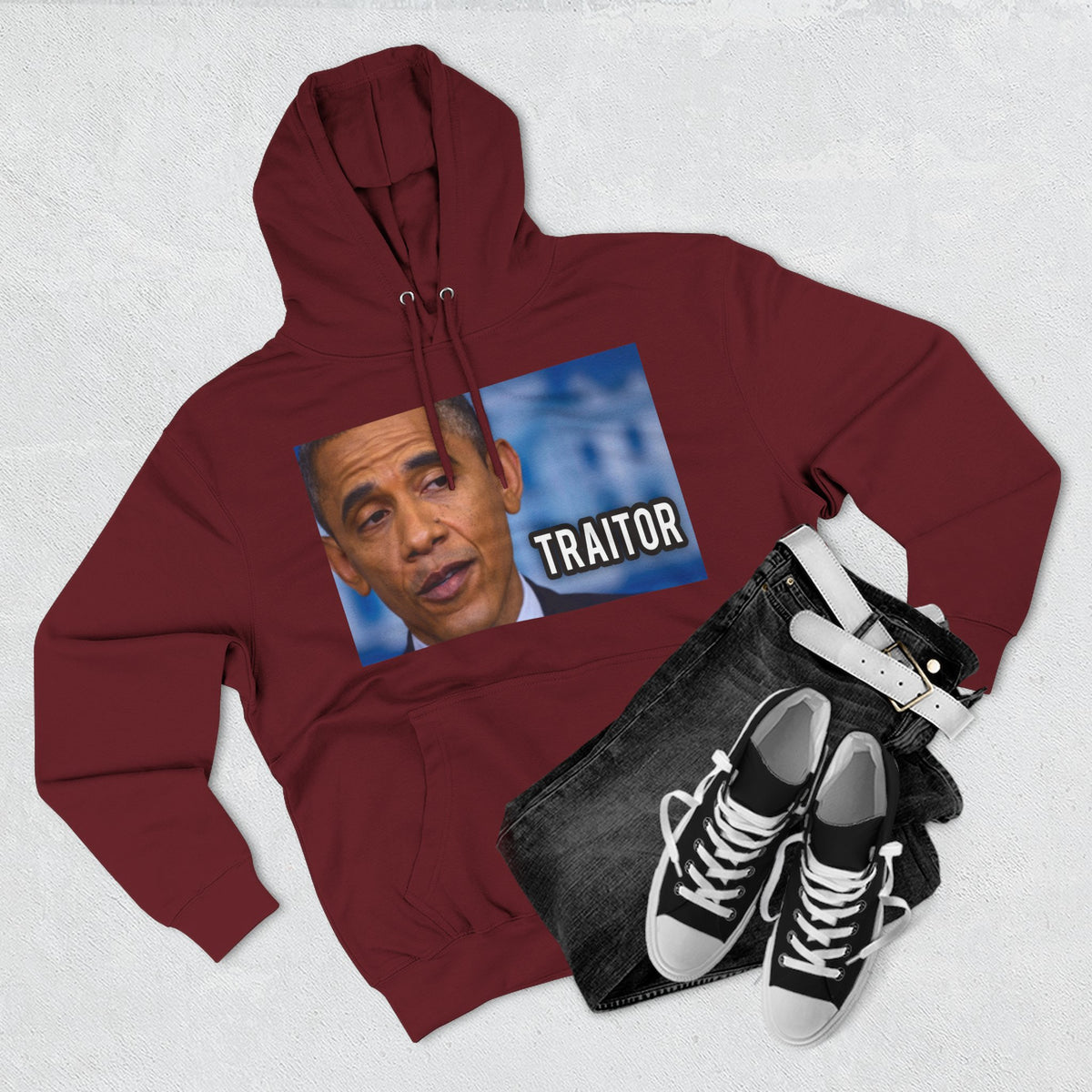 The SCIF "Presidential Traitor Meme" Fleece Hoodie, Back "Money On Pallets Meme."