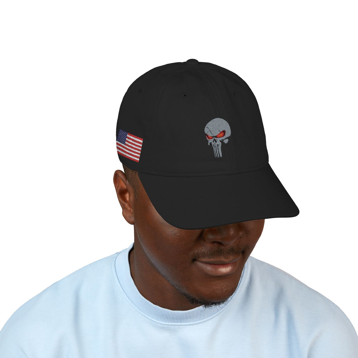 Embroidered The SCIF Skull Baseball Cap — American Flag right side, Digital Warrior text left side, The SCIF rear