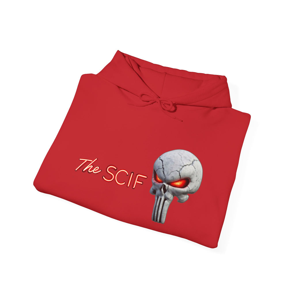 The SCIF Skull logo Graphic Hoodie, Right Sleeve "President Eyes" Graphic, Left Sleeve "Digital Warrior" Quote Graphic.